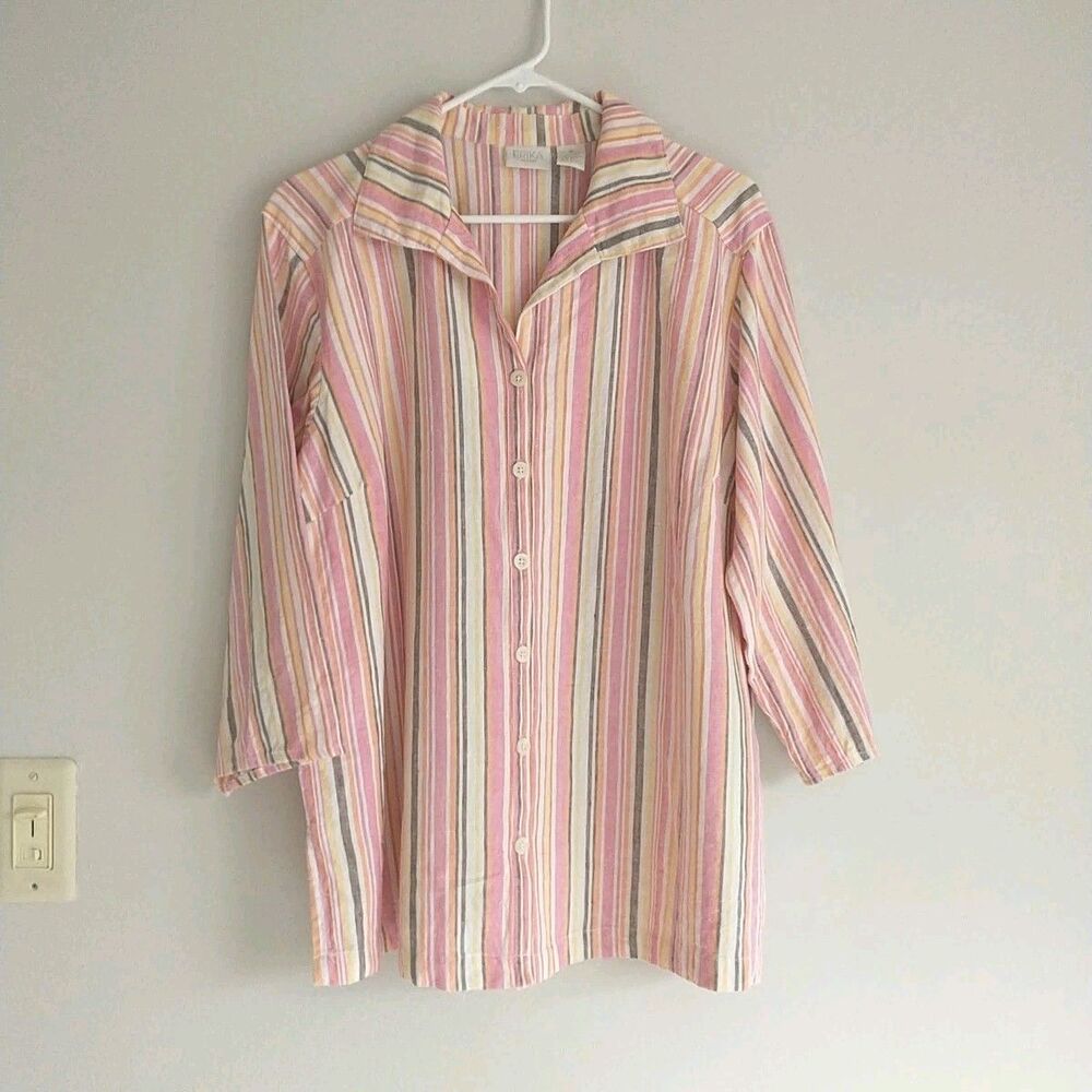 Erika Woman 1X Shirt Tunic Rainbow Pink Striped Linen Blend Buttons 3/4Sleeve